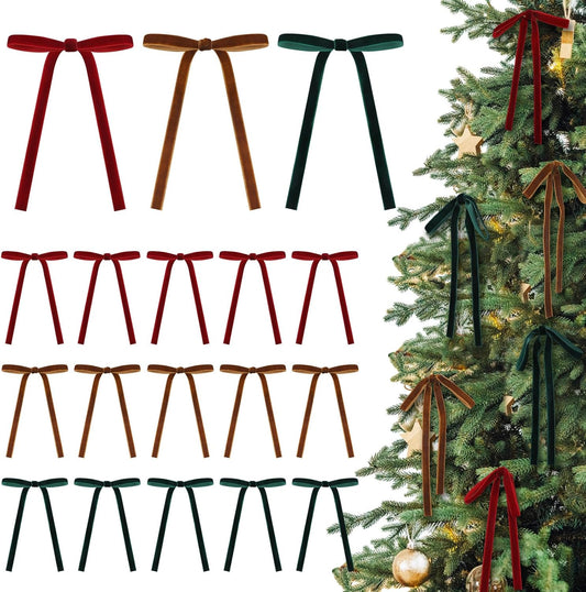Skiennix 24 Pcs Velvet Bows - Vintage Ribbon Decorations for Christmas Trees & Crafts | Dark Red, Green, Copper (5 x 7 Inch)