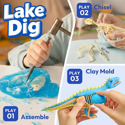JOVA 3-in-1 Dinosaur Fossil Digging Kit - STEM Learning Toy with Glow-in-the-Dark Dinosaurs & Sensory Play Sand | DIY Craft for Kids 6+