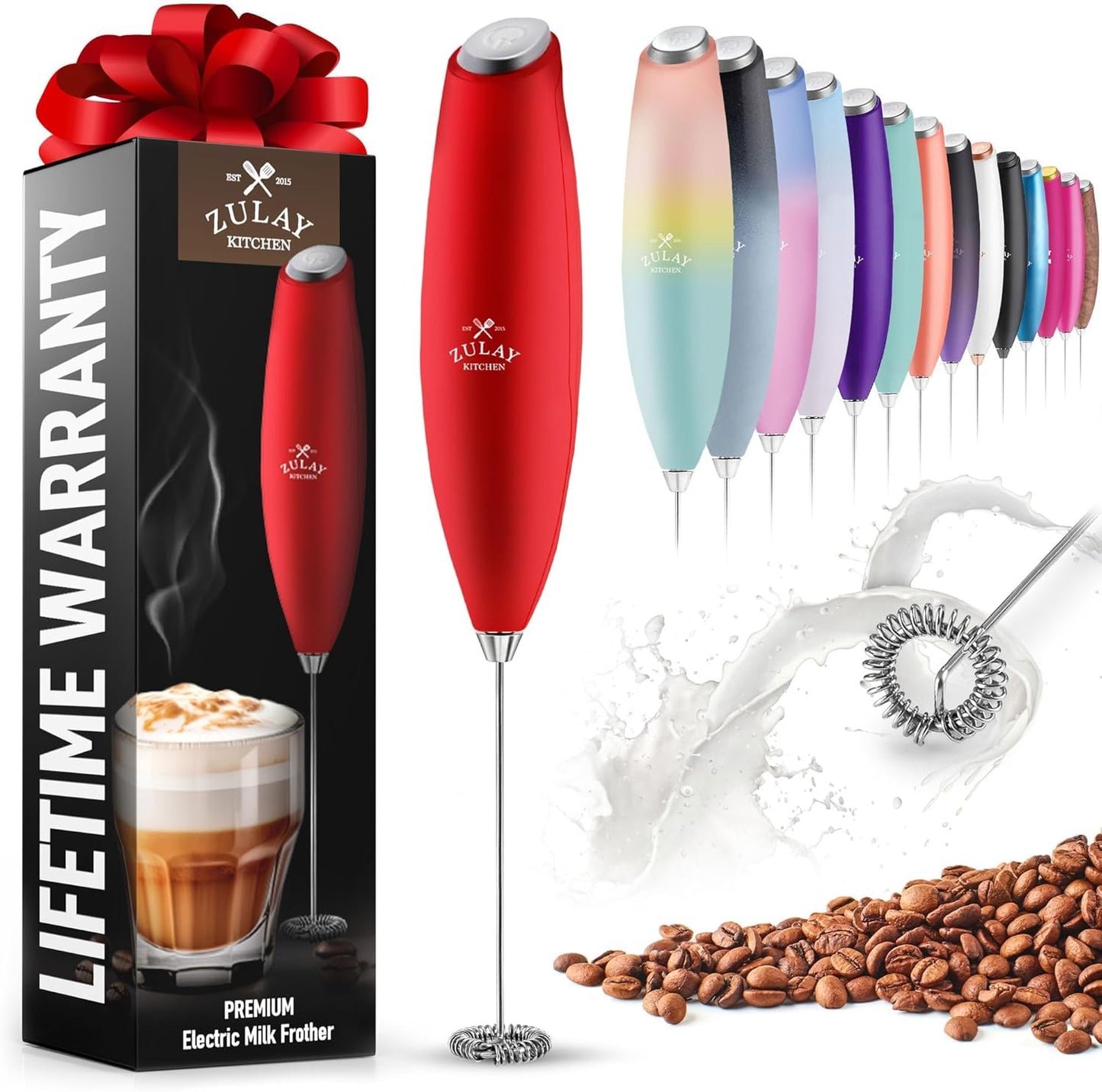 Zulay Powerful Milk Frother for Coffee with Upgraded Titanium Motor - Handheld Electric Whisk, Milk Foamer, Mini Mixer & Coffee Blender for Frappe, Latte, Matcha, No Stand - Red