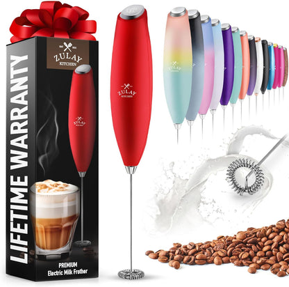 Zulay Powerful Milk Frother for Coffee with Upgraded Titanium Motor - Handheld Electric Whisk, Milk Foamer, Mini Mixer & Coffee Blender for Frappe, Latte, Matcha, No Stand - Red