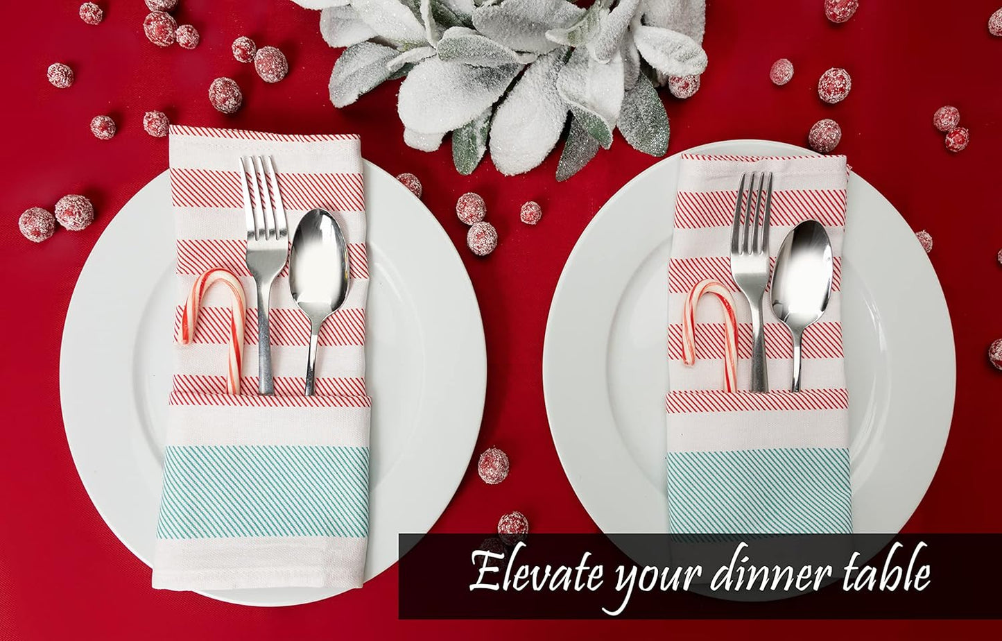 PERLLI Christmas Kitchen Cloth Napkins - 12 Pack 100% Cotton, 18x18 Inches | Washable Red, White & Green Table Linens