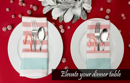 PERLLI Christmas Kitchen Cloth Napkins - 12 Pack 100% Cotton, 18x18 Inches | Washable Red, White & Green Table Linens