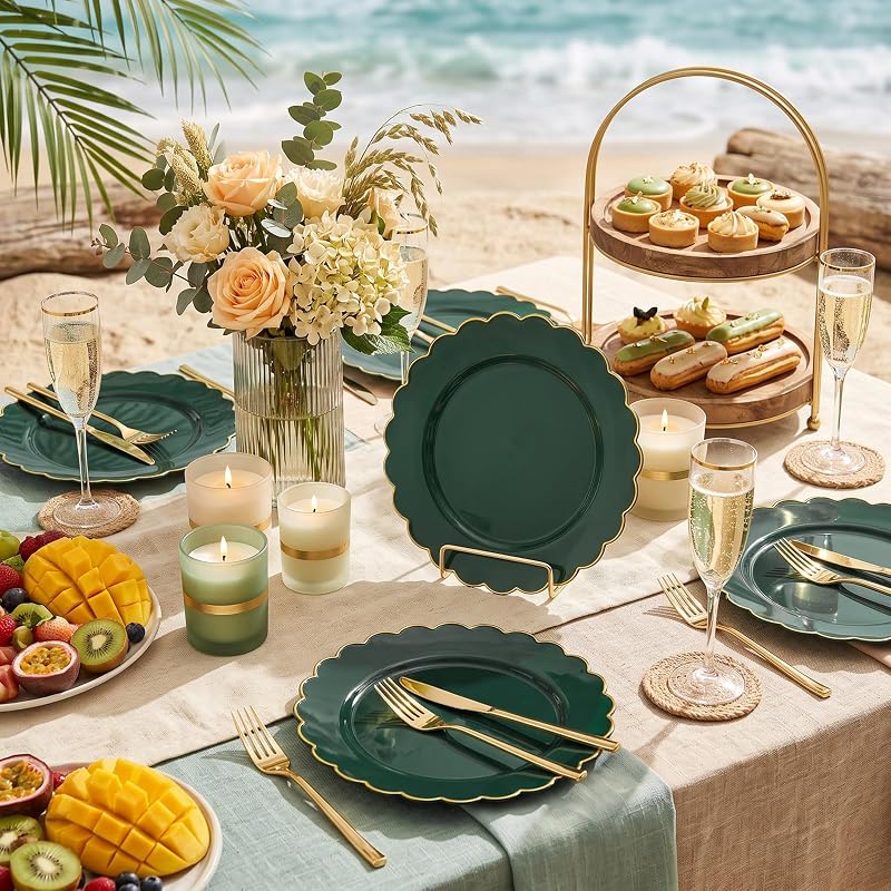 Green Gold 9 Inch Heavy-Duty Christmas Plates - Disposable Scalloped Plastic (Variation: Green Gold)