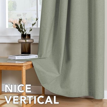 H.VERSAILTEX Linen Curtains 100% Blackout Curtains for Bedroom 54 inch Long Full Light Blocking Nature Linen Blended Window Curtains for Living Room Nickel Grommet (2 Panels, Heathered Dried Sage)