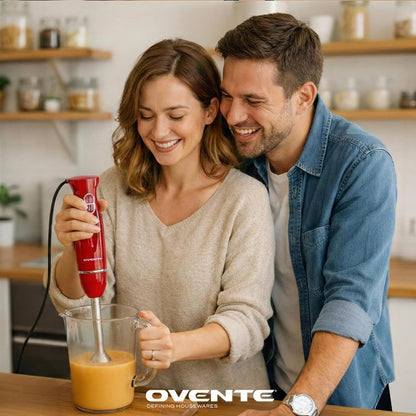 OVENTE Immersion Hand Blender Set - 300W Electric Stick Mixer with Stainless Steel Blades & Accessories, Red HS565R