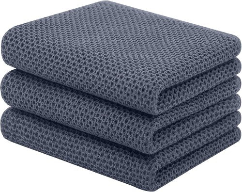Homaxy 100% Cotton Waffle Weave Kitchen Towels - Ultra Soft & Absorbent, 3-Pack, Dark Grey, 13 x 28 Inches