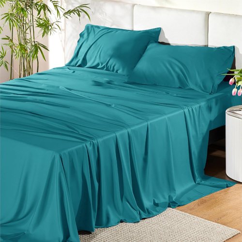 Bedsure Queen Sheet Set - Cooling Rayon Bamboo Sheets | Breathable, Soft & Deep Pocket Up to 16 Inches - Turquoise
