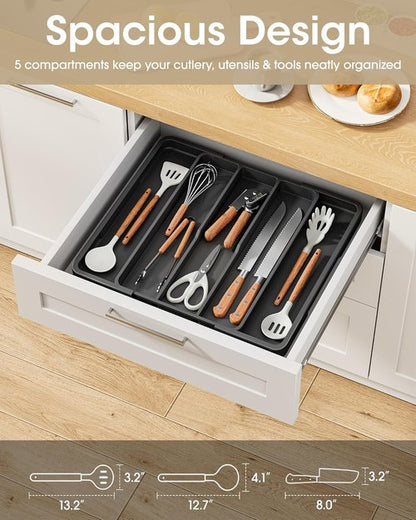 Aujen Silverware Organizer - Expandable Utensil Tray for Kitchen Drawers | Adjustable Cutlery Storage, Black, X-Large