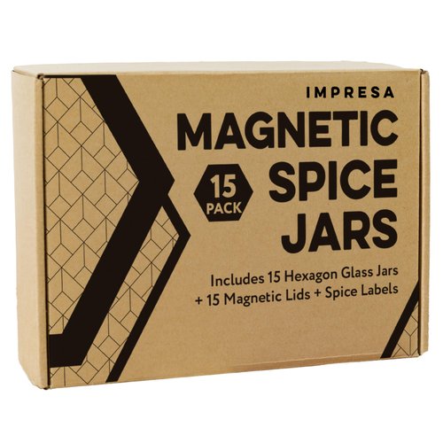 Impresa 15 Pack Hexagonal Magnetic Spice Jars, Includes 60 Labels, Glass Spice Storage Containers with Stainless Steel Magnet Lids for Fridge and Backsplash Organization, Honeycomb Design