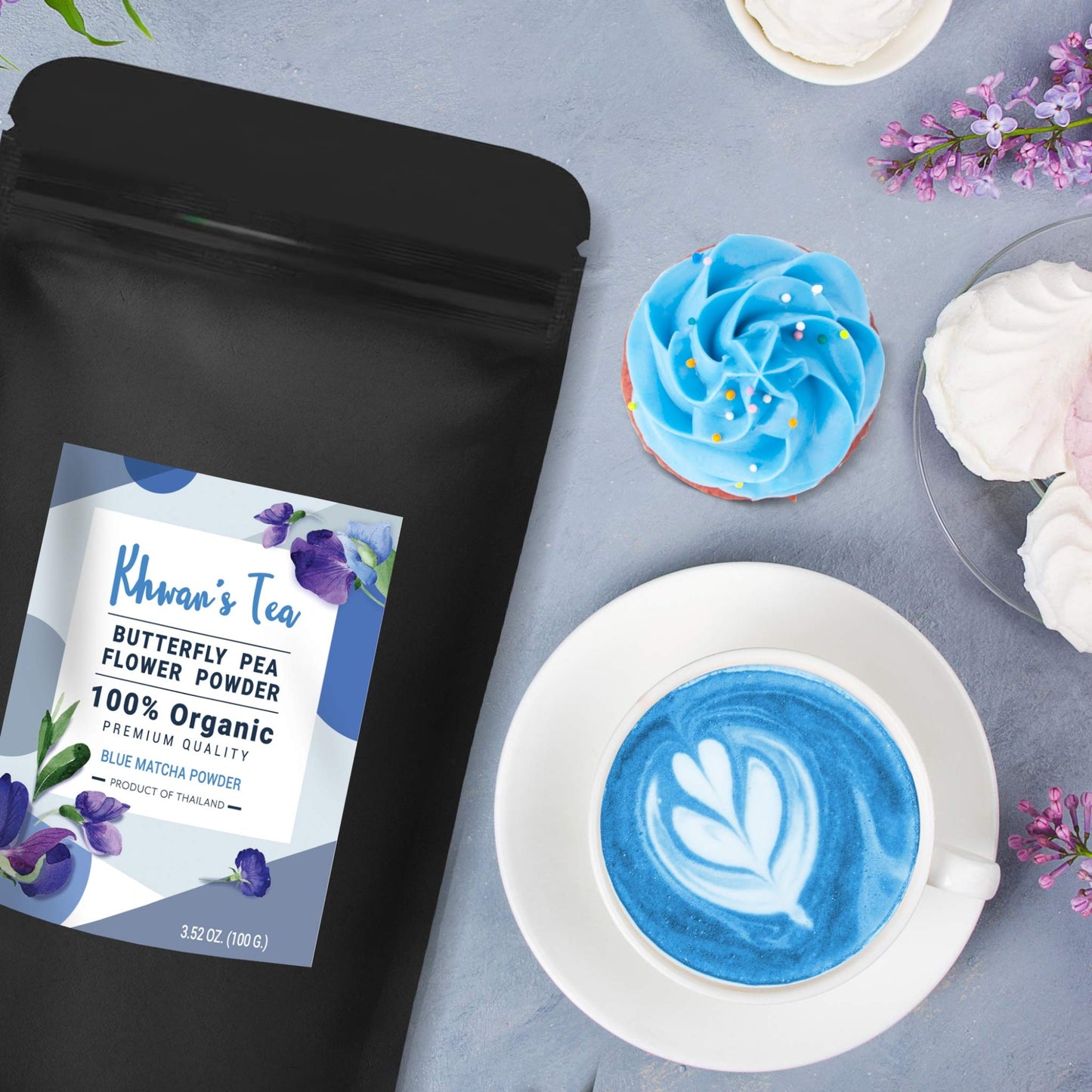 KHWAN'S TEA Butterfly Pea Flower Powder Extract, Culinary Grade Natural Food Coloring Blue Matcha Powder Tea, 3.5 Oz