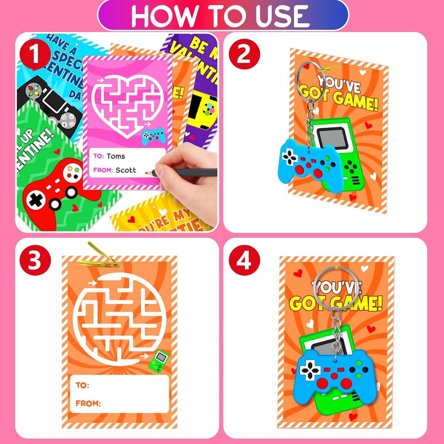 Skiennix Valentine's Day Cards - 30pcs Kids Video Game Keychains | Perfect Classroom Exchange Gifts