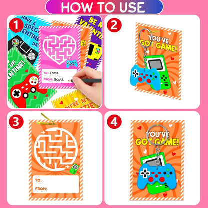 Skiennix Valentine's Day Cards - 30pcs Kids Video Game Keychains | Perfect Classroom Exchange Gifts