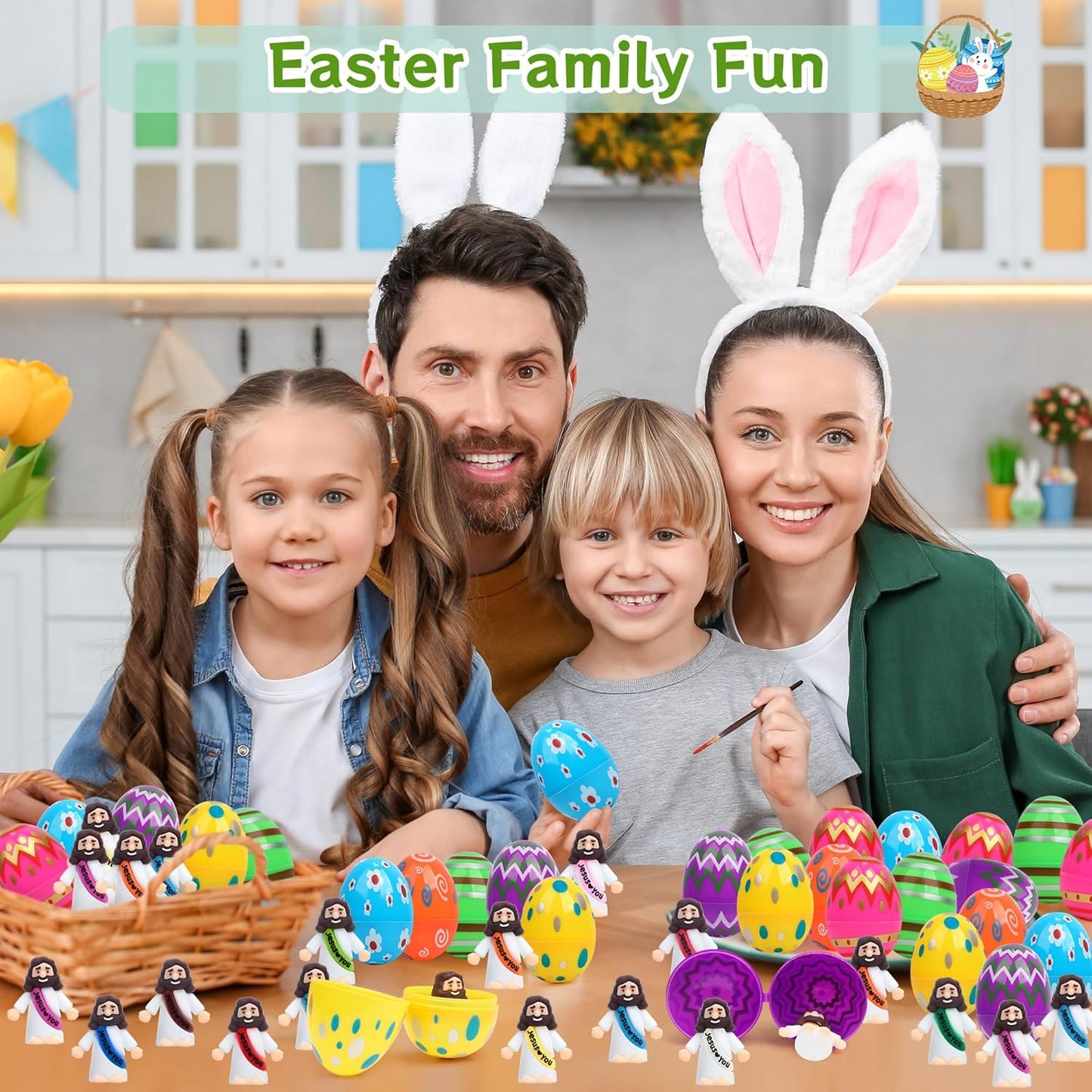 Religious Easter Basket Stuffers - 60 PCS Jesus Figurines & Colorful Eggs for Kids' Egg Hunt