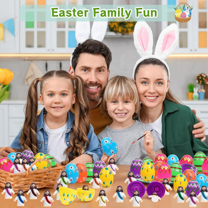 Religious Easter Basket Stuffers - 60 PCS Jesus Figurines & Colorful Eggs for Kids' Egg Hunt