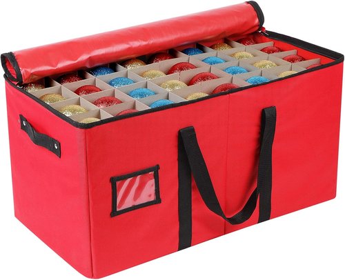 Lambada Christmas Ornament Storage Box - Durable Organizer for 128 Ornaments | Adjustable Dividers, Red