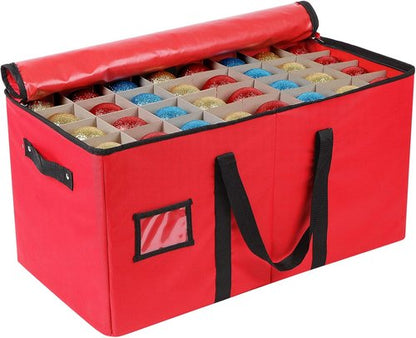 Lambada Christmas Ornament Storage Box - Durable Organizer for 128 Ornaments | Adjustable Dividers, Red