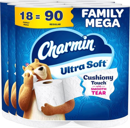 Charmin Ultra Soft Toilet Paper - Cushiony Touch, 18 Family Mega Rolls | 90 Regular Rolls, White
