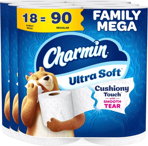 Charmin Ultra Soft Toilet Paper - Cushiony Touch, 18 Family Mega Rolls | 90 Regular Rolls, White