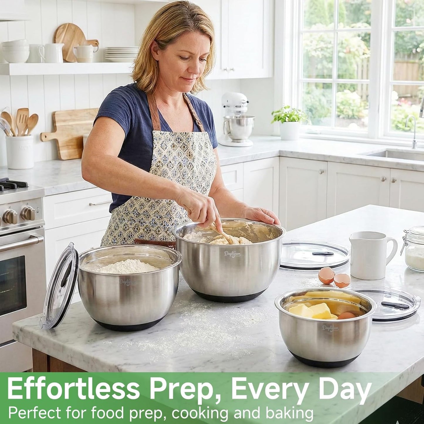 Stainless Steel Mixing Bowls Set by [Brand Name] - Airtight Lids, Non-Slip Base, 3 Sizes (1.5/3/5 QT) | Ideal for Food Prep & Storage