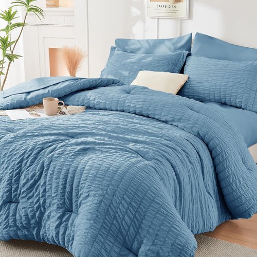 HYMOKEGE King Size Comforter Set - Luxury 7-Piece All-Season Bedding in Mineral Blue with Sheets & Pillowcases