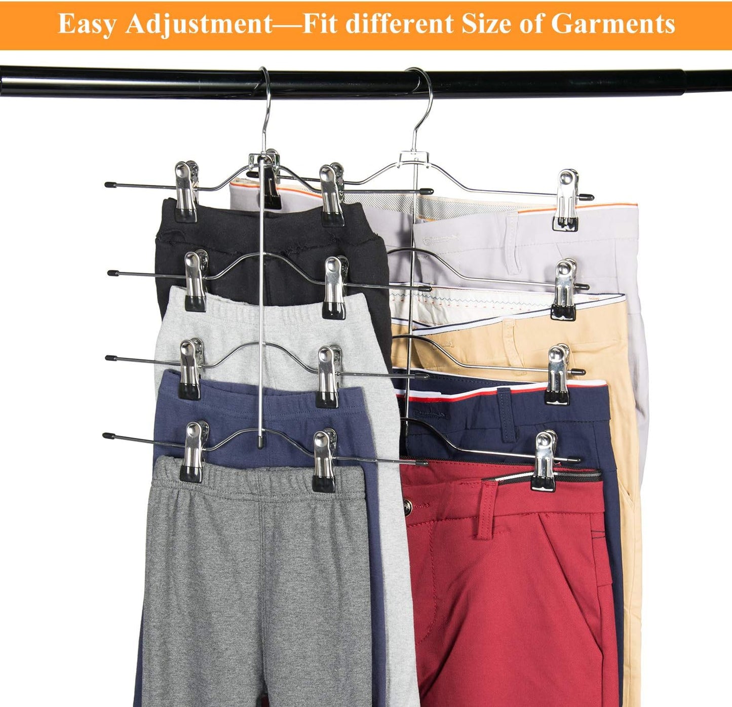 Skiennix Multi-Layer Pants Hangers - 4-Tier Adjustable Clip Skirt Organizer | Heavy-Duty Non-Slip Design (Black)