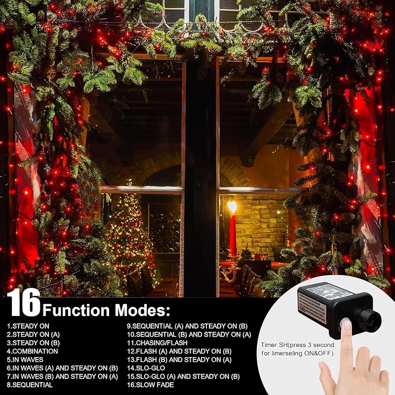 66ft Christmas LED String Lights 200 Red LEDs Green Wire Plug-In with 11 Modes - IP44 Waterproof Indoor/Outdoor, 66ft + 19.2ft Lead, Red (Variation: Red+200LED)