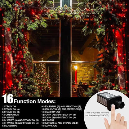 66ft Christmas LED String Lights 200 Red LEDs Green Wire Plug-In with 11 Modes - IP44 Waterproof Indoor/Outdoor, 66ft + 19.2ft Lead, Red (Variation: Red+200LED)