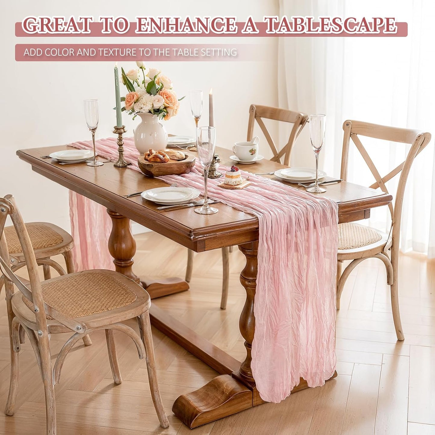 Regine Switzerland Cheesecloth Table Runner - 10 Ft Boho Rustic Sheer Decor in Dusty Pink | Perfect for Centerpieces