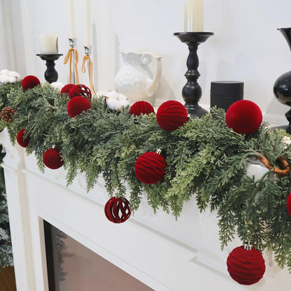 Senjie Burgundy Velvet Christmas Ornaments - 12PCS Flocked Plastic Balls for Tree Decoration