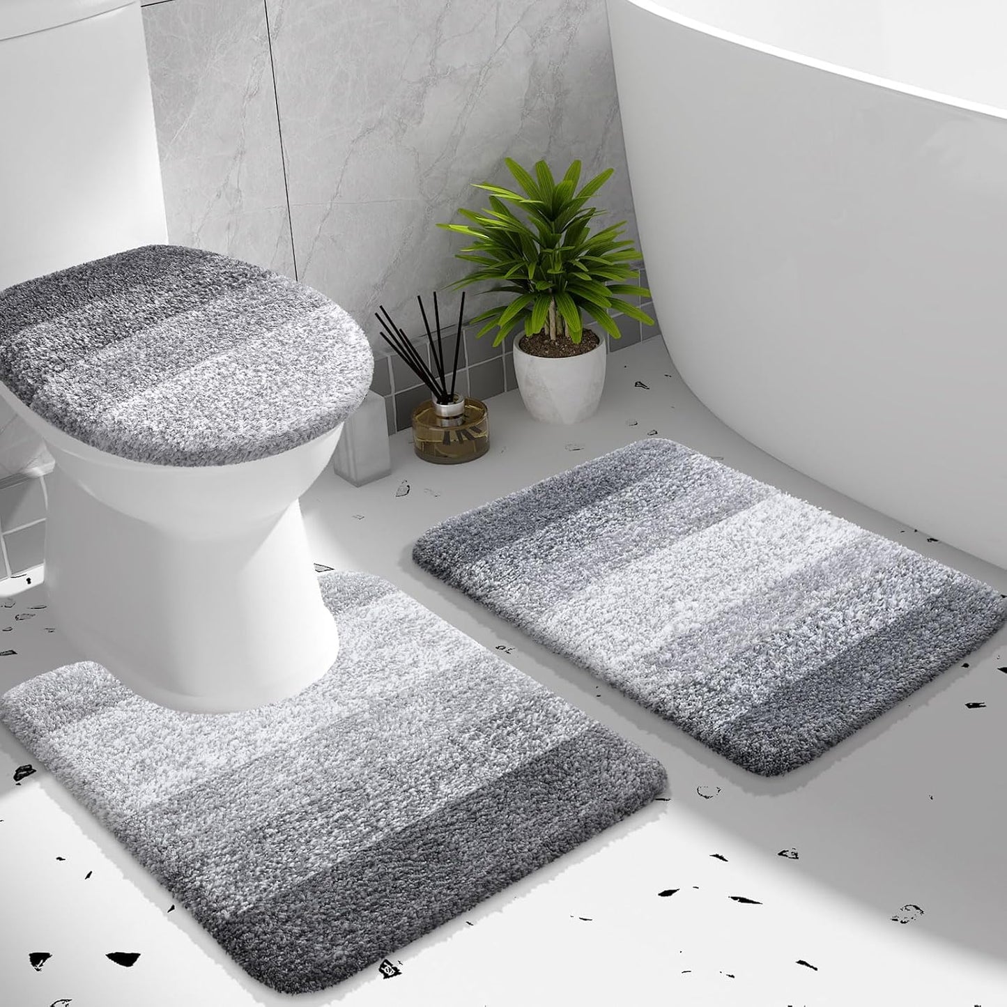 OLANLY Bathroom Rug Set - Soft Microfiber Absorbent Mats with U-Shaped Contour & Toilet Lid Cover | Quick Dry, Machine Washable, Grey