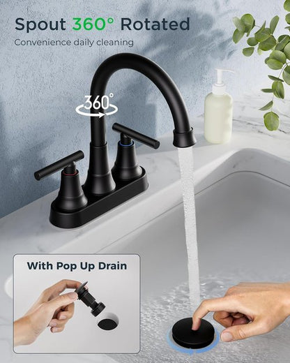 FORIOUS Matte Black Bathroom Faucet - 4-Inch Centerset Design with Pop-Up Drain & 360° Spout
