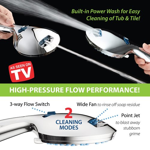 Hotel Spa AquaCare As-Seen-On-TV High Pressure 48-setting Rain & Handheld 3-way Shower Head Combo - Anti-clog Nozzles/Tub, Tile & Pet Power Wash/Extra Long 6 ft. Hose/All Chrome Finish