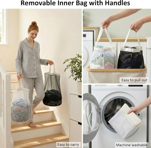 Efluky Laundry Hamper - Double Section Basket with Lid & Removable Bags - 140L Beige for Bathroom & Bedroom