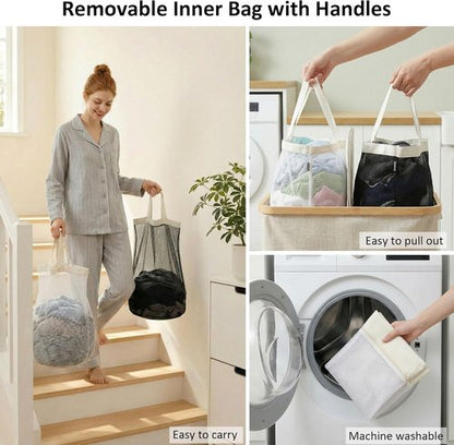 Efluky Laundry Hamper - Double Section Basket with Lid & Removable Bags - 140L Beige for Bathroom & Bedroom