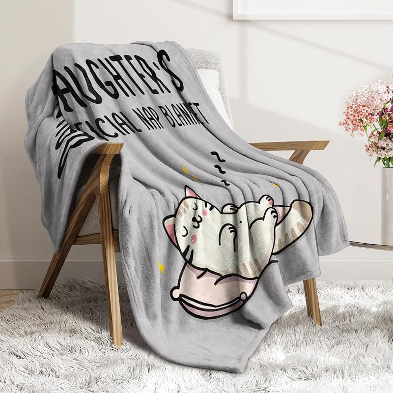 Daughter Nap Blanket - Grey 60x50 in | Cozy Flannel Fleece Throw with Sleepy Cat Design