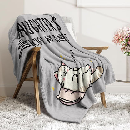 Daughter Nap Blanket - Grey 60x50 in | Cozy Flannel Fleece Throw with Sleepy Cat Design