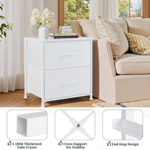 Nightstand, Small 2 Drawer Dresser End Table Bedside Furniture, Wooden Top Fabric Bins for Bedroom, Closet, Entryway, Dorm, 11.8" D x 18" W x 20", White