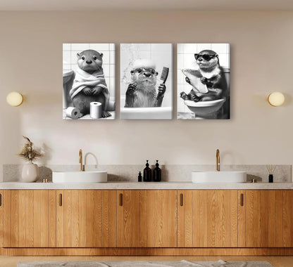 Skiennix Cute Otter Canvas Wall Art - Funny Black and White Animal Print for Bathroom Decor | 3-Piece Set