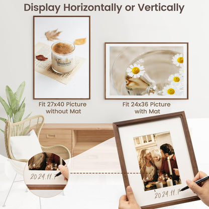 RICHFOCUS 27x40 Poster Frame Matted to 24x36 Photo USA-Sourced Natural Walnut Wood 27 by 40 Picture Frame with Tempered Glass - Gallery Wall Mount Display Artwork