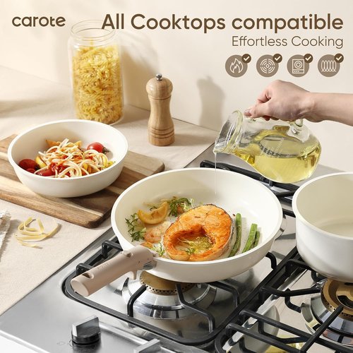 CAROTE 18-Piece Ceramic Cookware Set - Induction Nonstick Pots and Pans with Detachable Handle, Brown