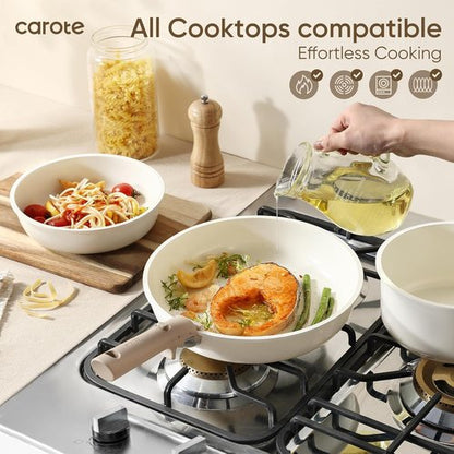 CAROTE 18-Piece Ceramic Cookware Set - Induction Nonstick Pots and Pans with Detachable Handle, Brown