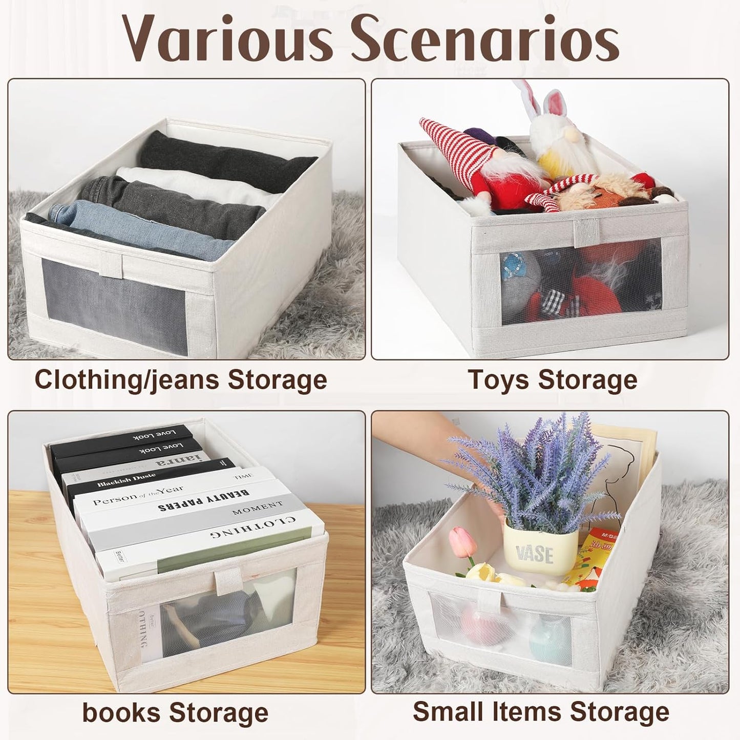 VZZNN Linen Closet Organizers - 4 Pack Foldable Storage Bins with Clear Window - Beige