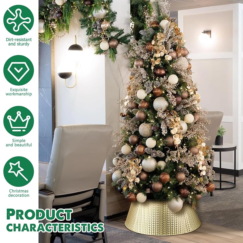 Champagne Gold Metal Christmas Tree Collar, 28 Inch - 5-Panel Interlocking Ring Skirt