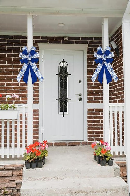 Chinoiserie Blue Bow by Large Spring - Wired Burlap Wreath Accent for Indoor/Outdoor Decor | 11.42x20.87 Inch