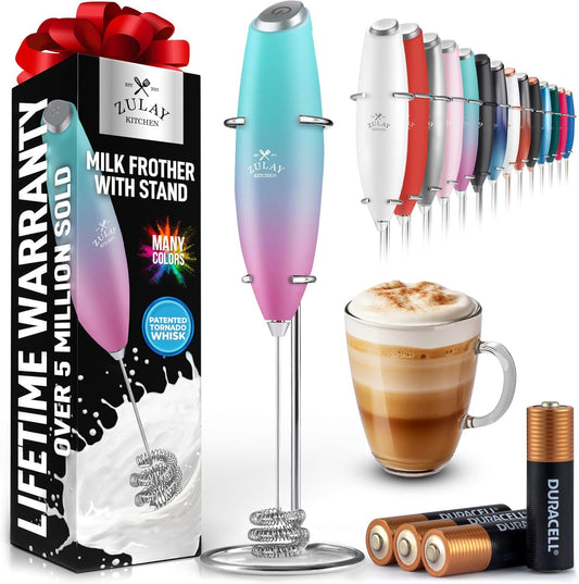 Zulay Kitchen Tornado Triple Whisk Milk Frother - Handheld Foam Maker for Coffee & Lattes - Rose Pink with 4 Duracell Batteries
