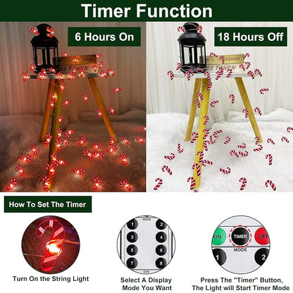Candy Cane String Lights 26.2 Ft 80LED Remote Battery Xmas Decor Warm White