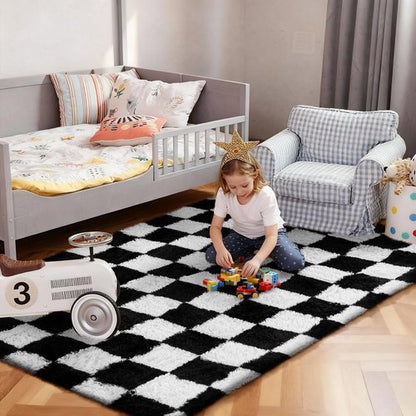Ophanie Checkered Black & White Rug for Living Room Bedroom, Fluffy Soft Cute Fuzzy Area Rugs, Shag Plush Shaggy Bedside Floor 4x6 Furry Carpet for Kids Baby Teen Dorm Nursery Home Decor Aesthetic