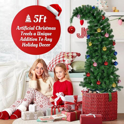 Hatisan 5FT Artificial Christmas Tree - Bent Green Design with Ball Ornaments & Metal Base | Holiday Decor