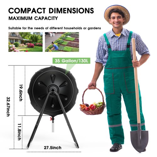 EJWOX Compost Tumbler, 35 Gallon Multipurpose Compost Bin, Heavy Duty Quick Work with Easy-to-Use Drain Plug for Liquid Collection, Black