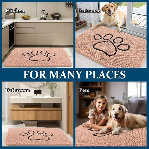 OLANLY Dog Door Mat for Muddy Paws 30x20, Paw Print Design, Absorbs Moisture and Dirt, Absorbent Non-Slip Washable Doormat, Quick Dry Chenille Mud Mat for Dogs, Entry Indoor Entryway Carpet, Peach